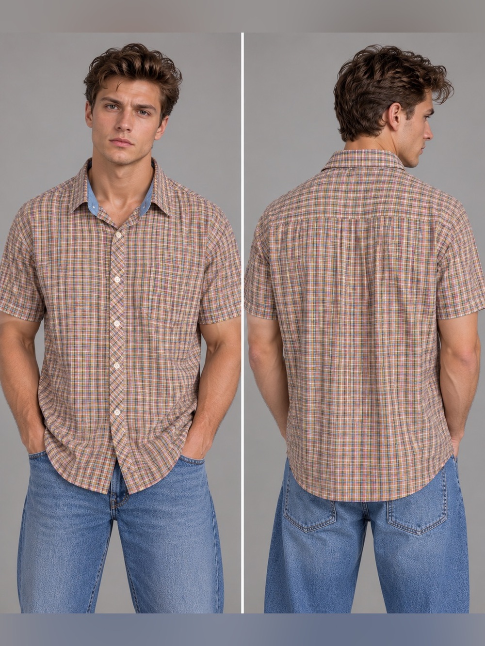 XXL Original Penguin Men’s Short-Sleeve Button-Down Plaid Shirt - Tan, Blue, Pin